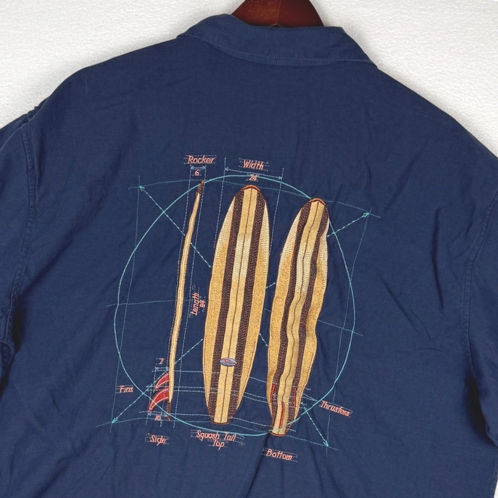 Tori Richard Silk Blend Camp Shirt Mens XL Blue Embroidered Surfboard Vacation